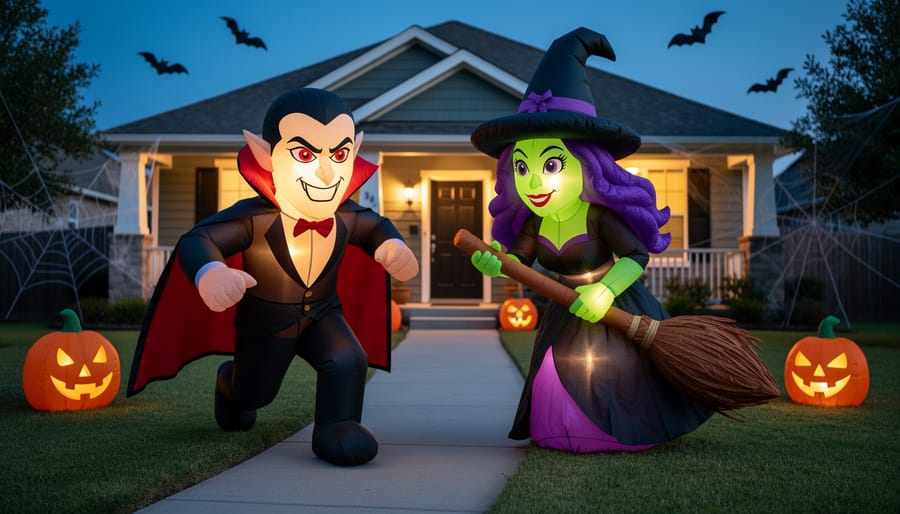 Vampire Chase and Witch Skye PAW Patrol Halloween inflatable scene lit up in a front yard at dusk