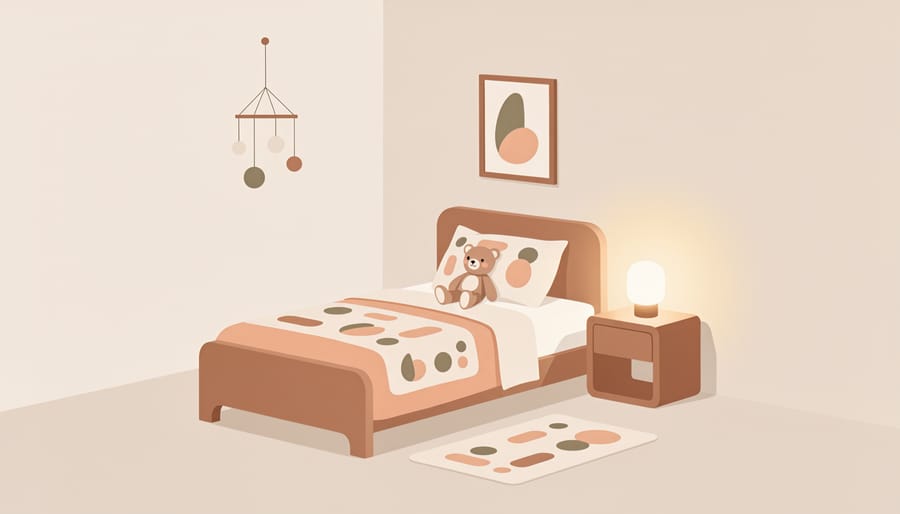 Personalised blanket and framed keepsake sign on a child’s bed in a softly lit room.