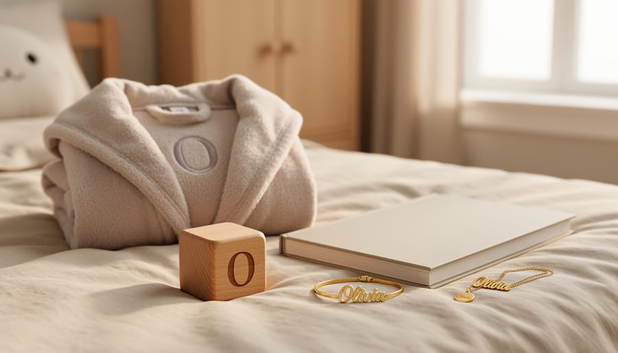 A styled bedroom scene showing a monogrammed children’s dressing gown, a wooden engraved toy, and a custom hardcover book alongside small personalised jewellery items.
