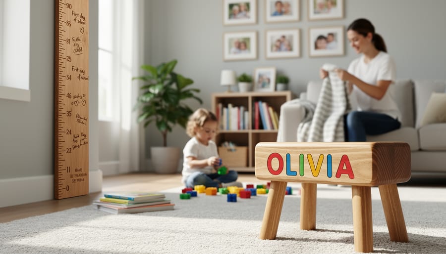 Personalised wooden name stool and growth chart in a bright home hallway.