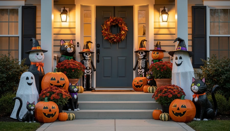 Pre-made paper mache jack-o'-lanterns, skulls, and ghouls arranged on a front entryway console