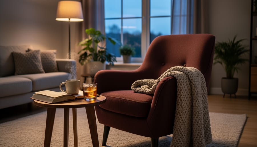 Trays and mugs set up for tea and reading next to a softly lit fireplace in a living room