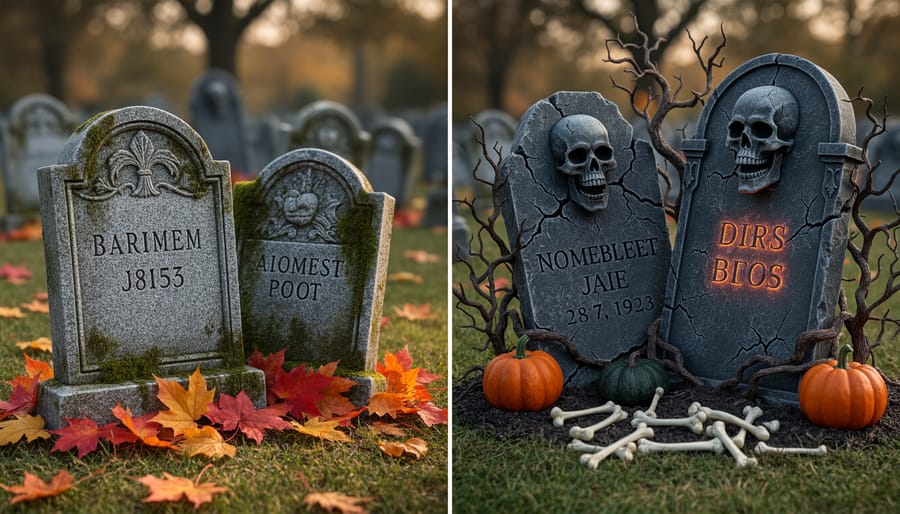 Realistic matte tombstone and glowing LED animated tombstone shown together in a Halloween yard at night.