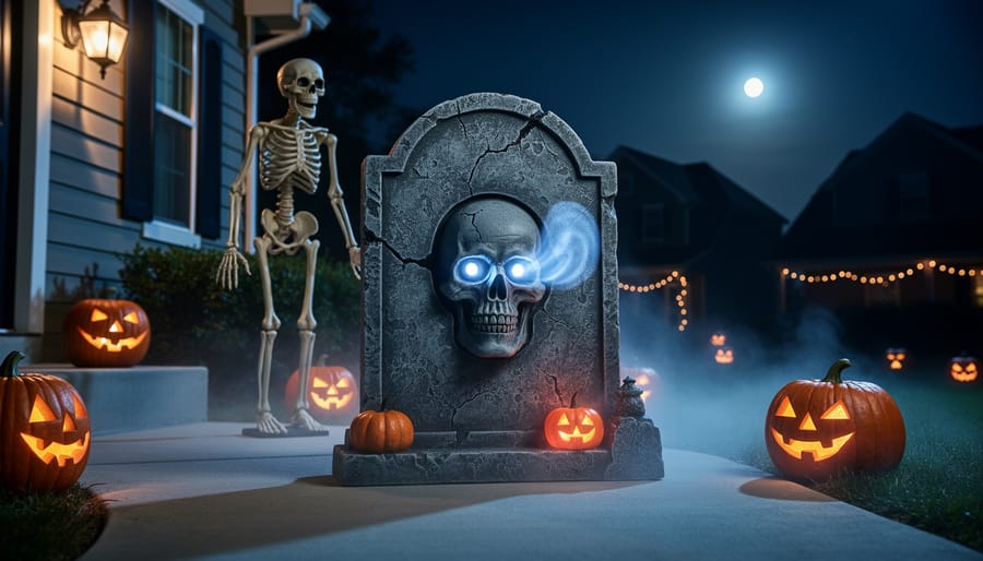“Motion-activated Halloween graveyard scene with a weathered tombstone featuring glowing LED eyes, a nearby skeleton decoration, and subtle fog lighting on a porch walkway.”