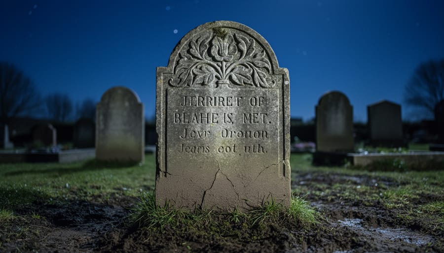 Realistic weathered tombstone decoration in a Halloween yard at night with dramatic lighting and long shadows.