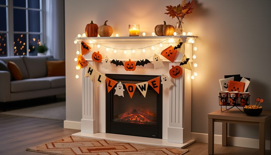 Indoor living room mantel decorated with warm glowing string lights and Halloween felt banners, with subtle Halloween rug and party décor in the background.