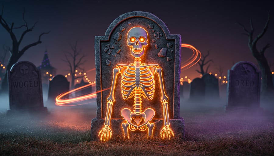 Spooky animated LED tombstone decoration with a glowing skeleton figure in a nighttime Halloween yard.