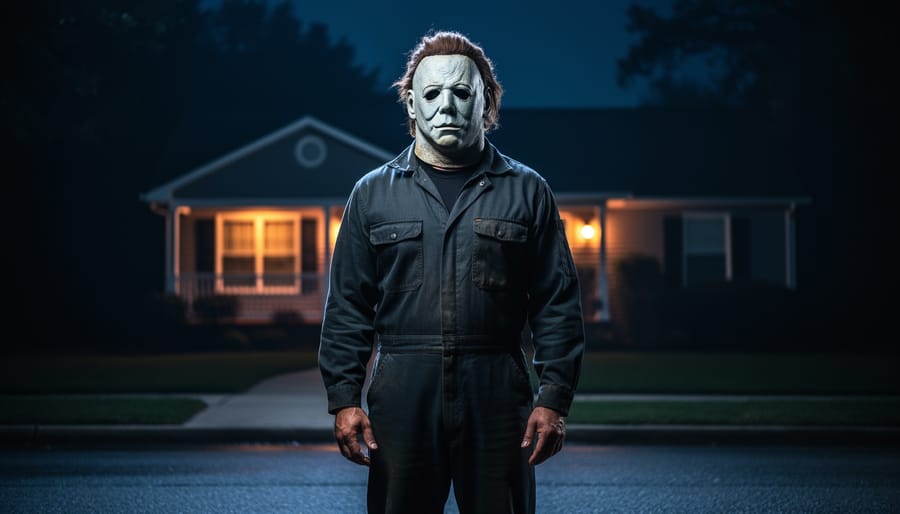 Static life-size Michael Myers figure posed in a doorway corner with blue and porch-lamp lighting.