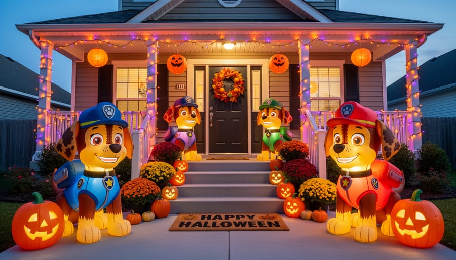 Toddler Halloween party on a porch with glowing Paw Patrol decorations in the background