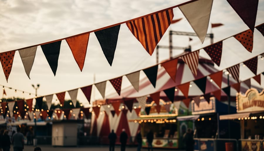 Vintage-style carnival pennant banners hung across a porch railing in Halloween setting