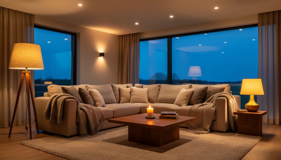 Side table in a living room with a warm lamp, LED candles, and a steaming mug