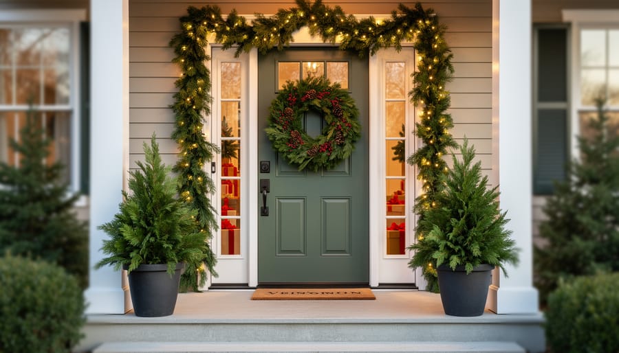 Holiday garland and evergreen decoration along a staircase railing near a front door in a warmly lit home entryway.