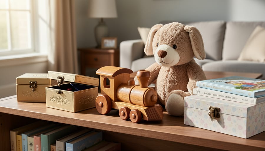 Wooden puzzle and ribbon-tied keepsake memory box arranged on a table in a child’s room.