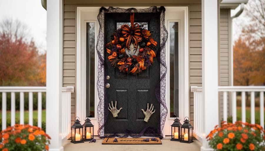 Halloween wreath and hanging door cover decorating a covered front porch door with spooky fall lantern accents and additional decorations nearby.