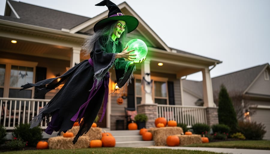 A glowing hanging witch decoration with a luminous magic orb above a Halloween front porch, surrounded by pumpkins and warm porch lighting.