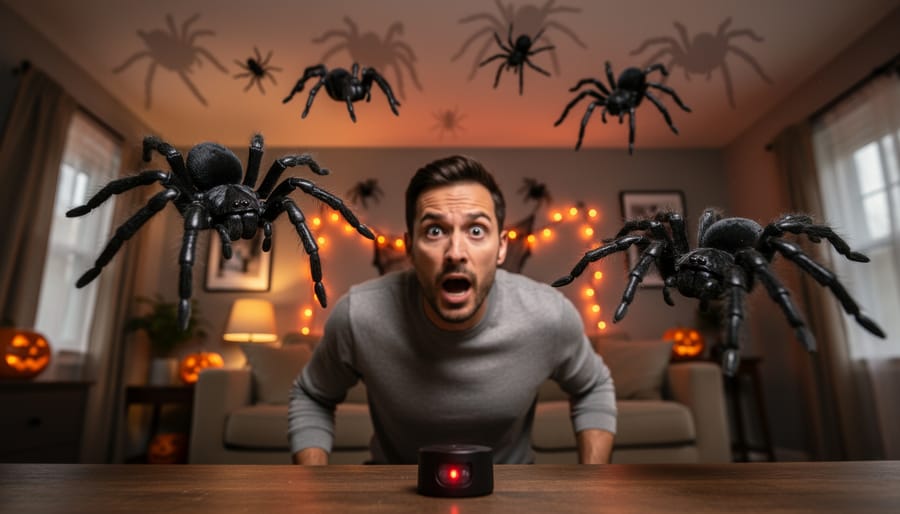 Motion-activated animated spider decoration moving near an outdoor entryway