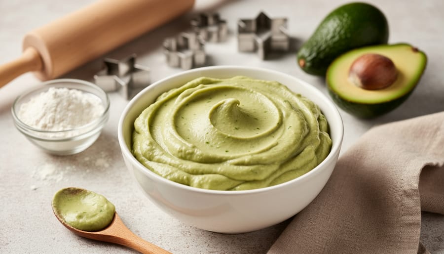 Avocado being mashed into puree in a bowl with an avocado half beside it