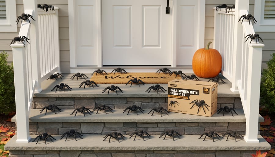 Affordable spider decoration set with multiple spiders and web pieces arranged on a table