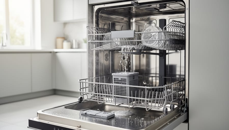 Close view of a dishwasher interior showing the filter area and a cleaning brush near the drain.
