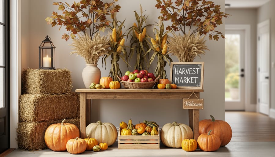 Cozy entryway decorated with corn stalks, branches, gourds, and pumpkins