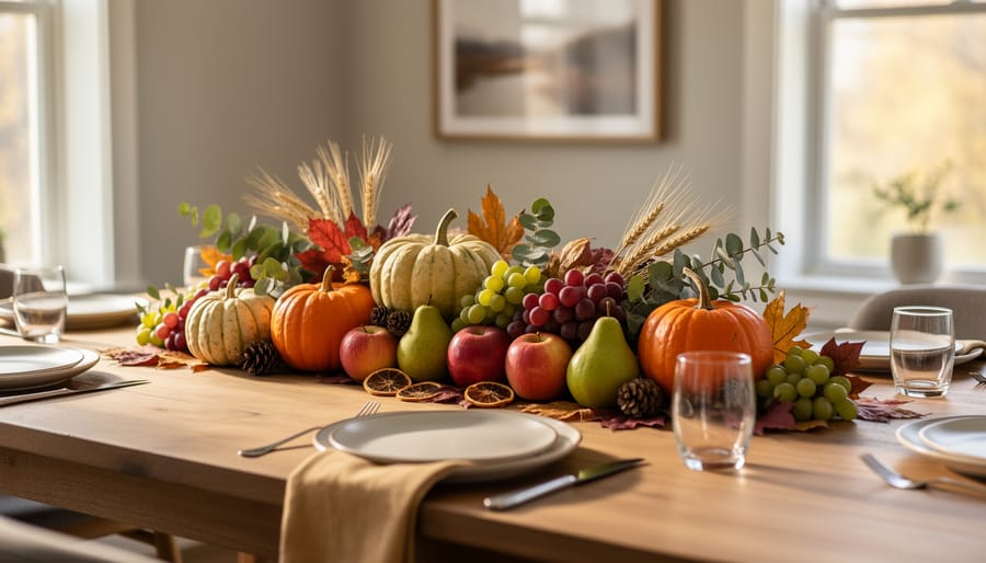 Rustic dining table centerpiece featuring pumpkins, apples, wheat, and corn husks in warm fall lighting
