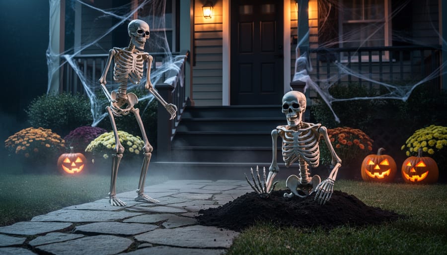 Life-size, posable Halloween skeleton decorations displayed outdoors on a front porch near a faux stone path and autumn yard decorations.