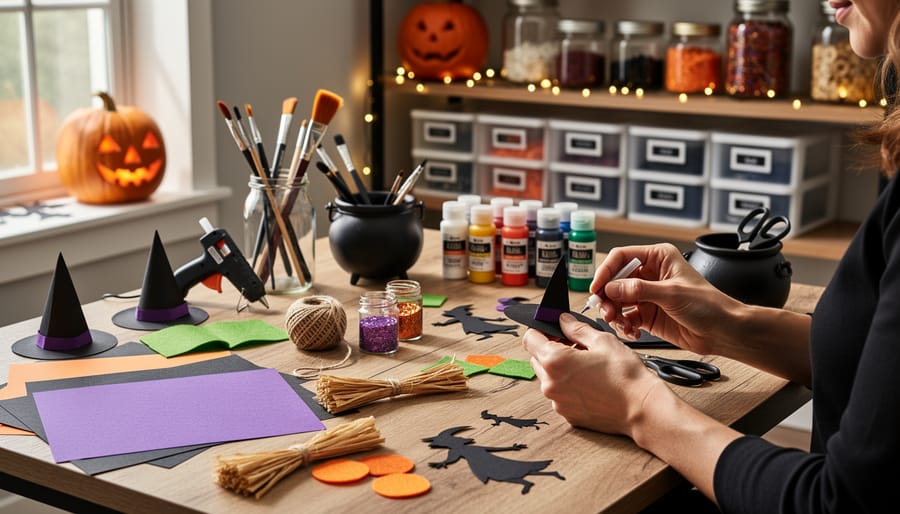 Tabletop DIY Halloween craft setup with materials like felt, scissors, and a glue gun near a mini witch display.