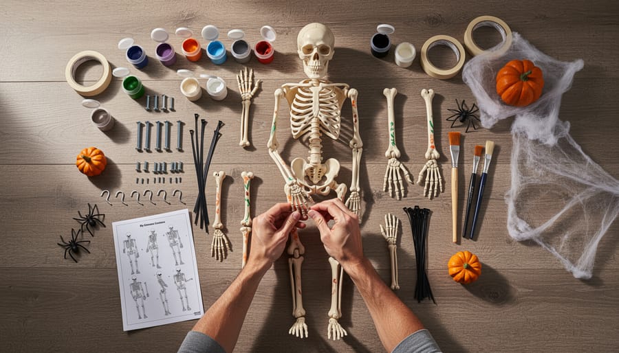 Top-down view of DIY skeleton decoration parts and assembly supplies on a craft table