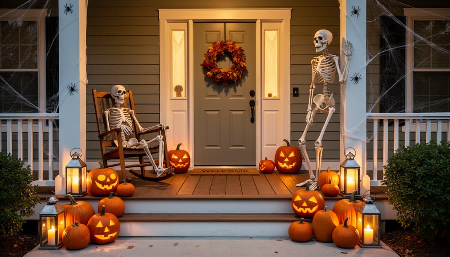 DIY skeleton decorations posed on a front porch at dusk beside lanterns and pumpkins