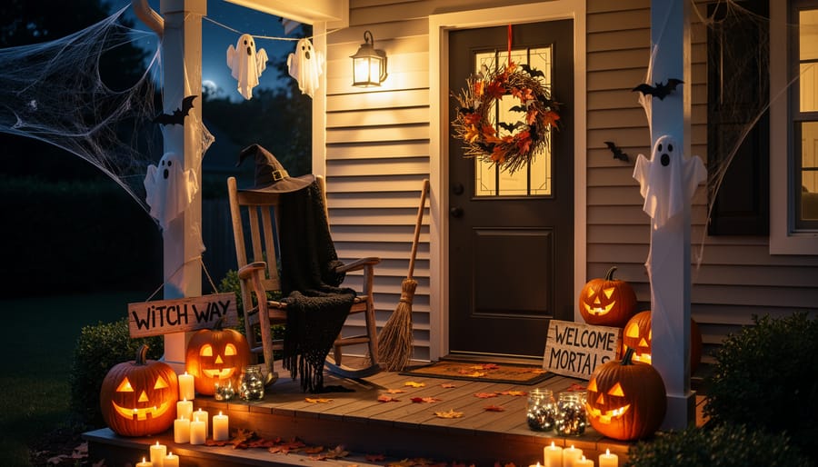 DIY witch decorations arranged on a suburban front porch at night, including cauldron, hanging witches, and yard stakes glowing with porch lights.