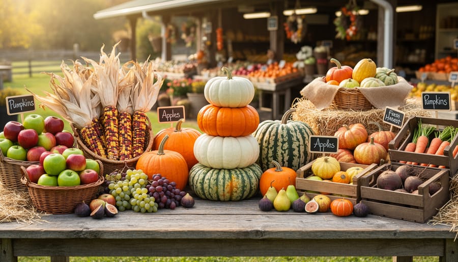 Fall harvest market table with pumpkins, gourds, apples, wheat bundles, dried corn, and seasonal flowers