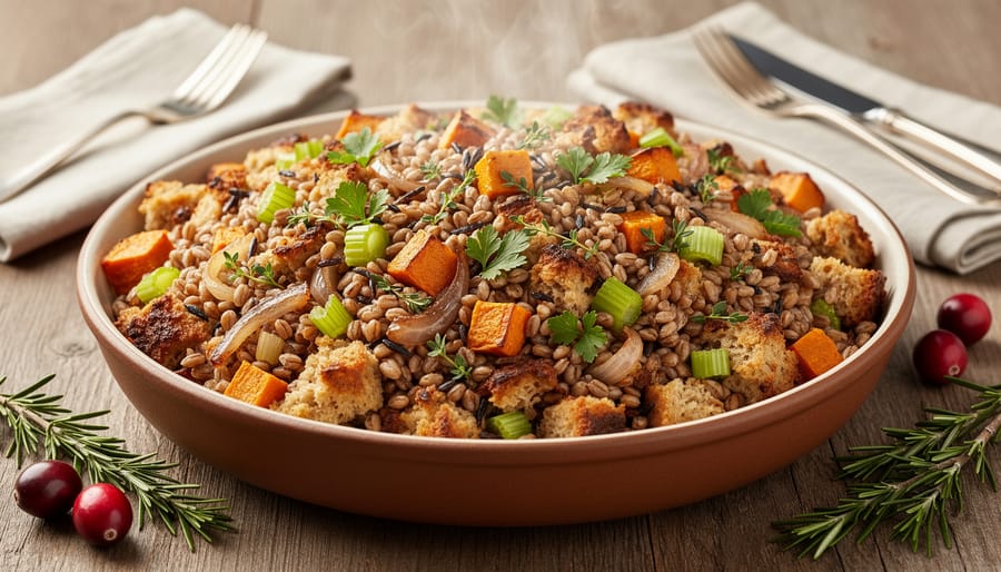 Bowl of cooked farro and wild rice with herbs for holiday stuffing