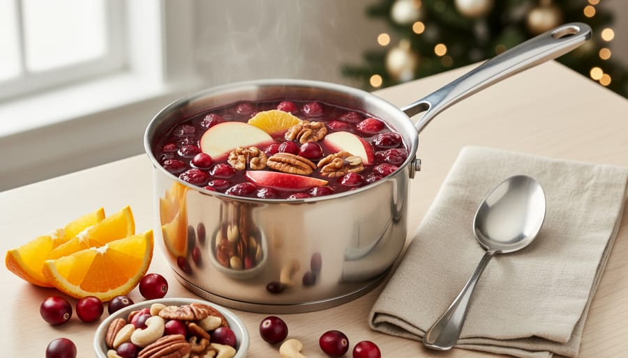 Homemade cranberry sauce being stirred with fresh cranberries, orange slices, and walnuts nearby