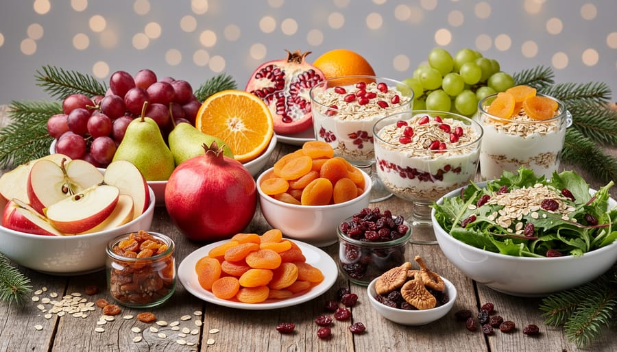 Assortment of fresh apples and pears with dates, raisins, and figs beside a mixing bowl