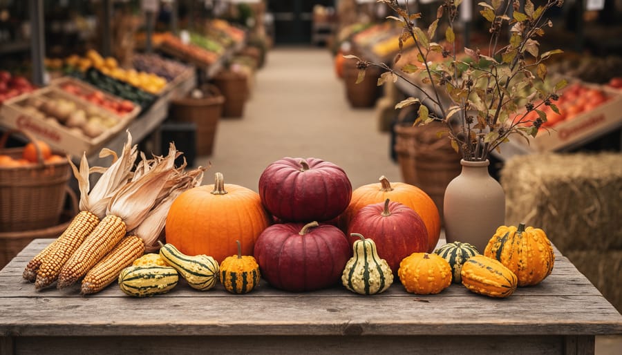 Assortment of heirloom pumpkins, gourds, corn stalks with dried husks, and seasonal branches arranged on a rustic wooden table in a fall harvest market setting