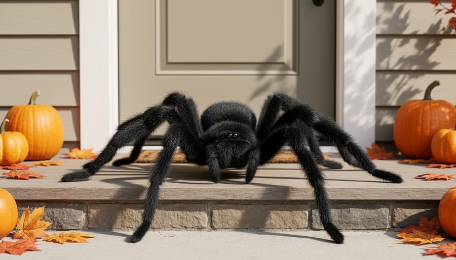 Giant realistic spider decoration displayed on a Halloween entryway ledge under porch lighting
