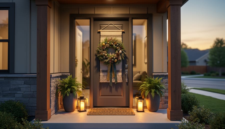 Front entry with a pre-lit Halloween wreath and coordinated decorations on the door