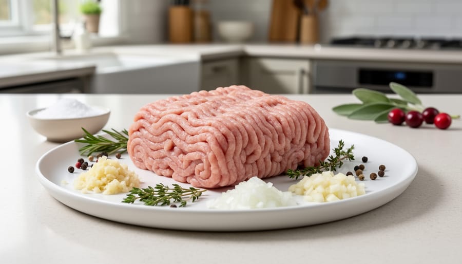 Ground turkey breast on a wooden board with onions and garlic nearby