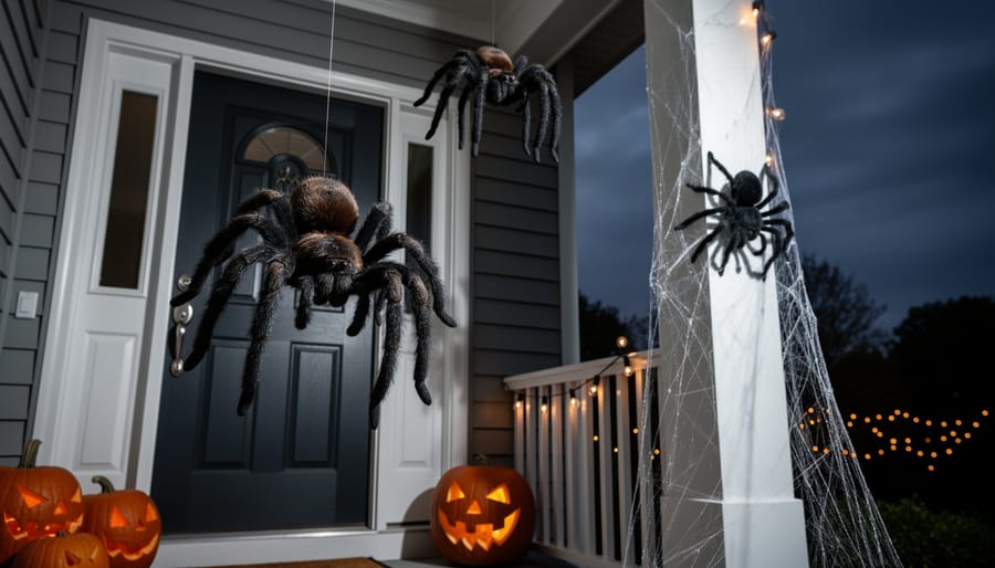 Lifelike Halloween spider decorations, including a large hairy spider and a web-and-spider display, arranged on a front porch at night.