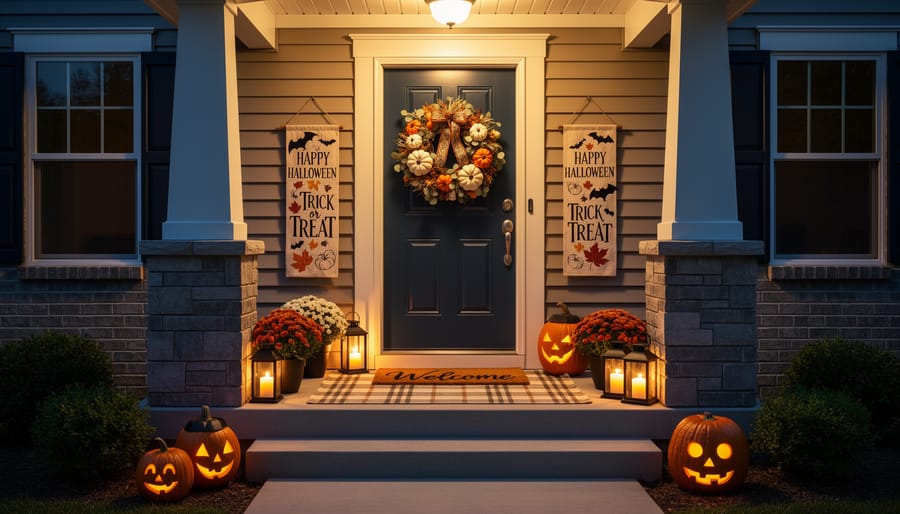 Warmly lit Halloween-decorated front door with a wreath and spooky doormat at night
