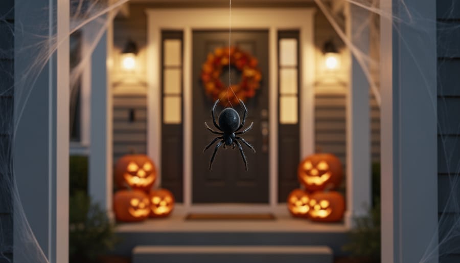 Hanging spider decoration suspended across an open front doorway for Halloween