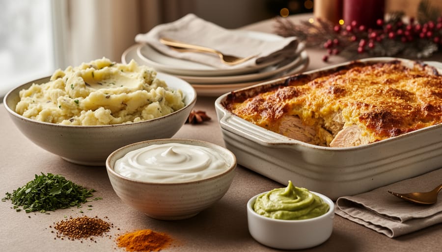 Close-up of a festive holiday table featuring Greek yogurt, avocado puree, herbs and spices, and comforting holiday dishes in ceramic bowls.