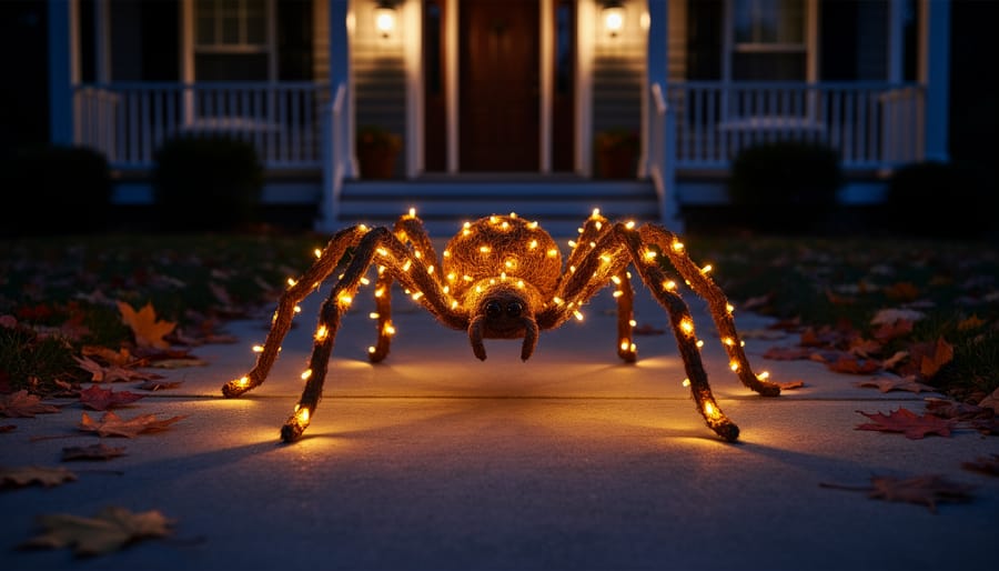 Warmly lit LED spider decoration glowing on a Halloween porch at night