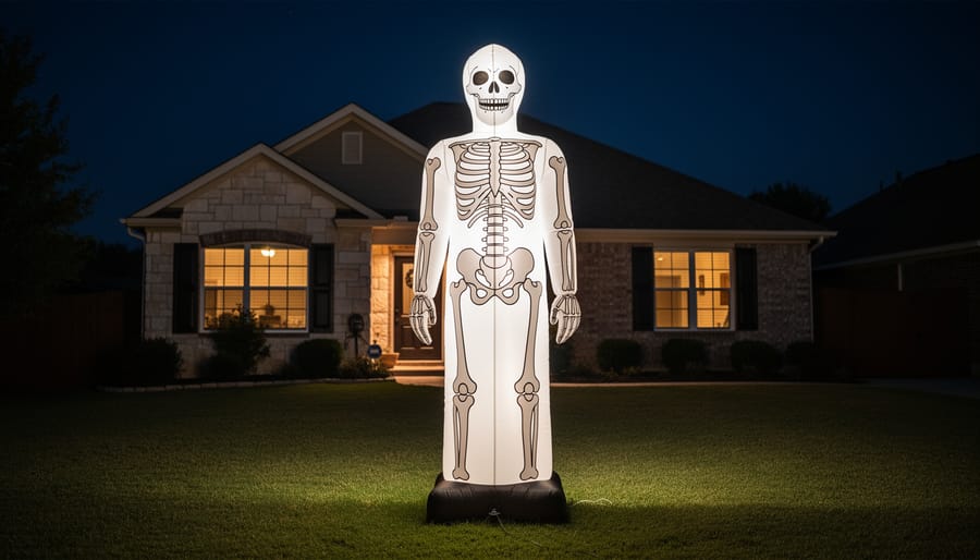 LED-lit inflatable skeleton decoration glowing on a lawn at night