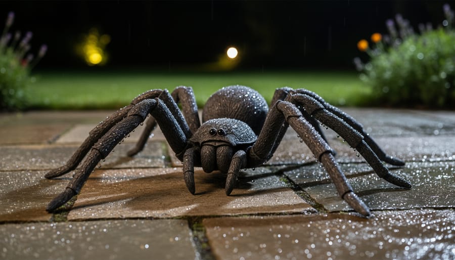 Weather-resistant outdoor spider decoration on a front porch railing at night
