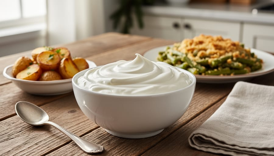 Close-up of thick plain non-fat Greek yogurt in a bowl with a spoon