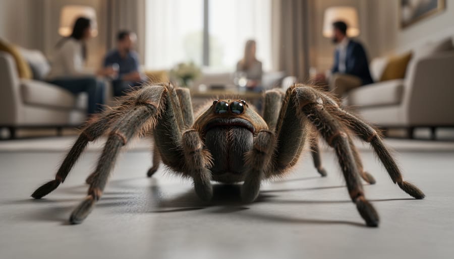 Close-up of a realistic spider decoration near cracked stone and autumn leaves