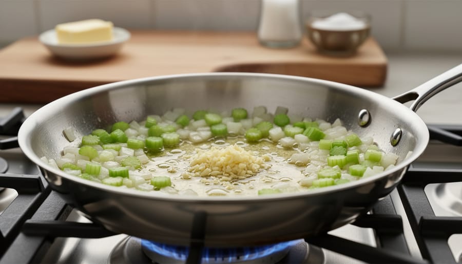 Garlic, onion, and celery sautéing in a skillet