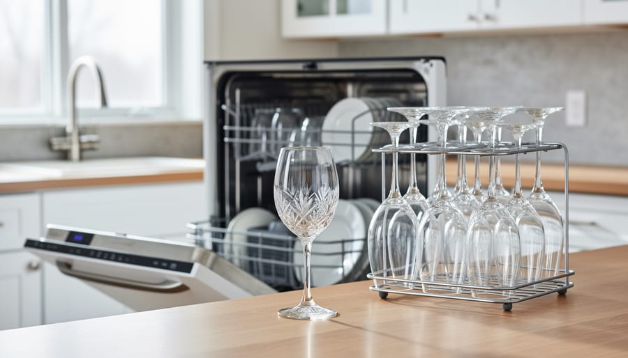 Sparkling wine glasses on a kitchen counter beside a dishwasher with the door slightly open, suggesting a seasonal deep clean and fresh reset.
