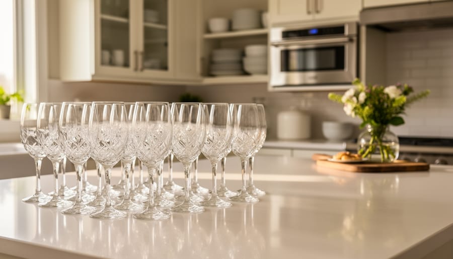 Sparkling wine glasses and tumblers staged on a dining table in a bright, tidy kitchen.
